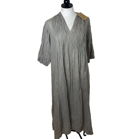 Womens Dress Size Medium Gray Pleated Summer Pockets Midi Pure Cotton New - Picture 1 of 10